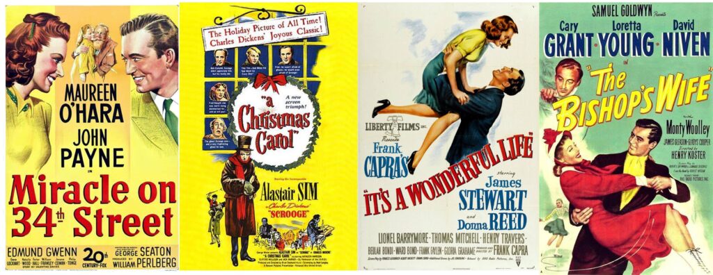 Movie posters for Miracle on 34th Street (1947), A Christmas Carol (1951), It's a Wonderful Life (1946), and The Bishops Wife (1947).
