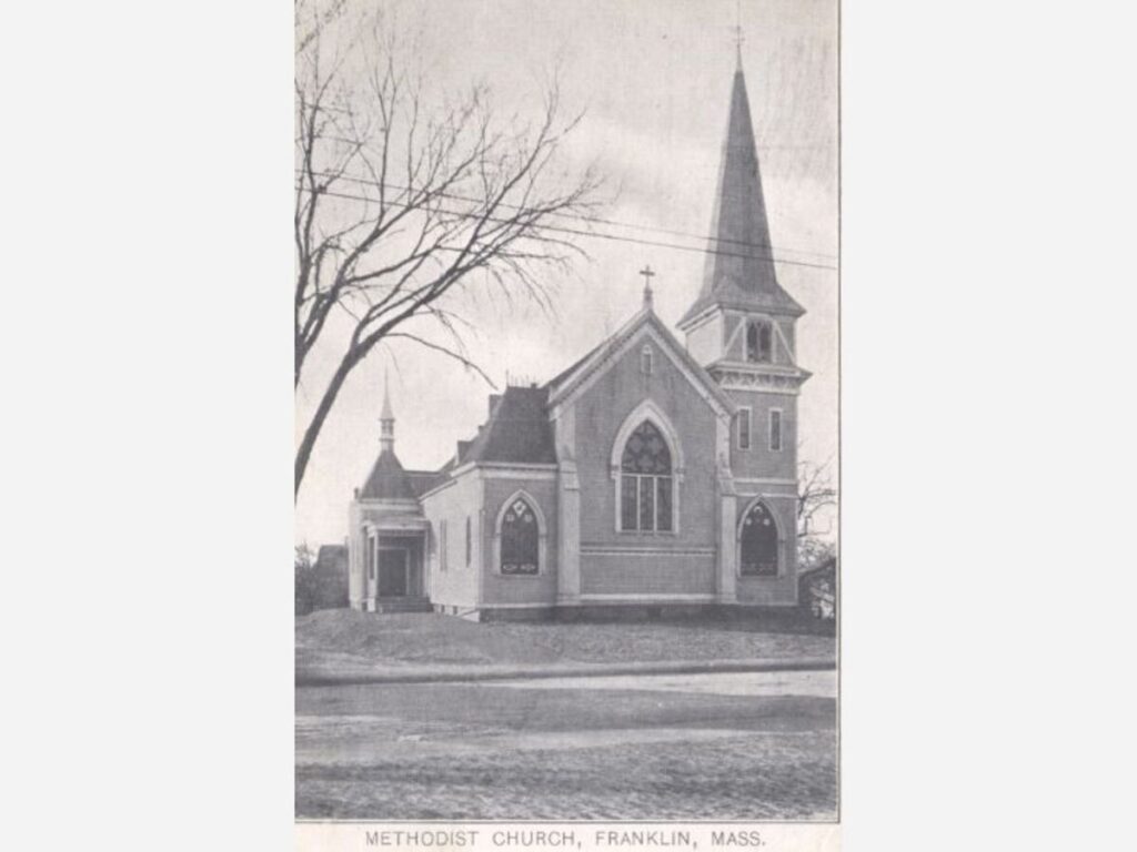 Black and white picture of the Frankling Methodist Church taken in the early 20th century.